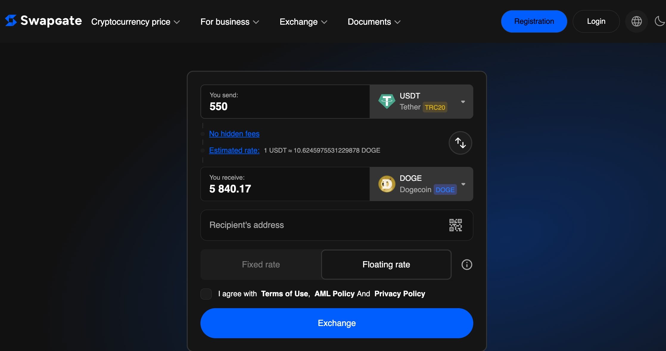exchange usdt to doge