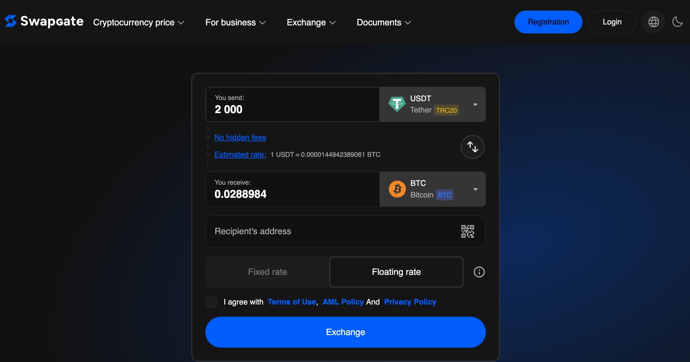 exchange usdt to btc